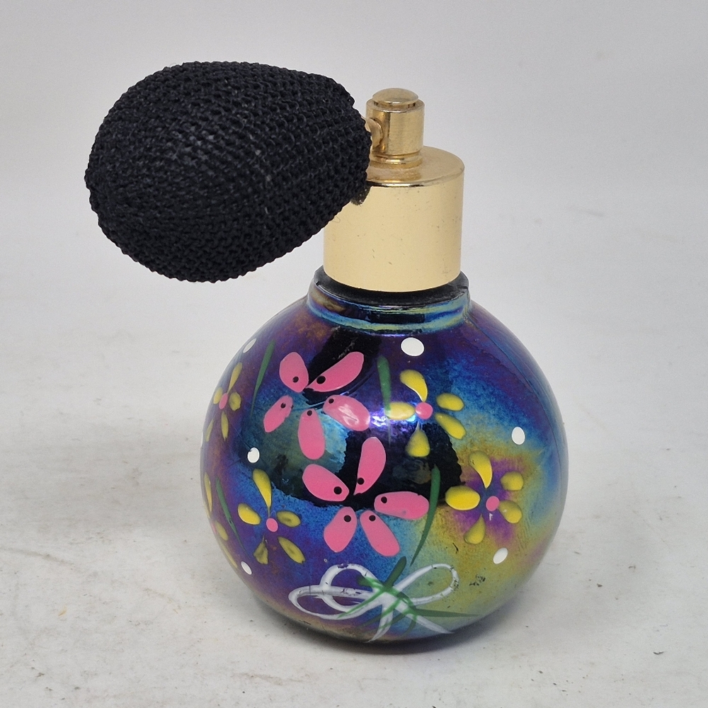 1960's Irridecent Glass Floral Pattern Perfume Bottle With Atomizer